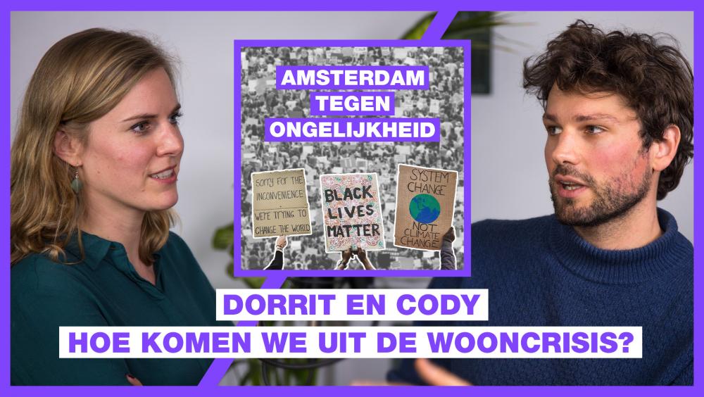 Illustratie van een foto van Dorrit en van Cody met de tekst "Dorrit en Cody: Hoe komen we uit de wooncrisis?"