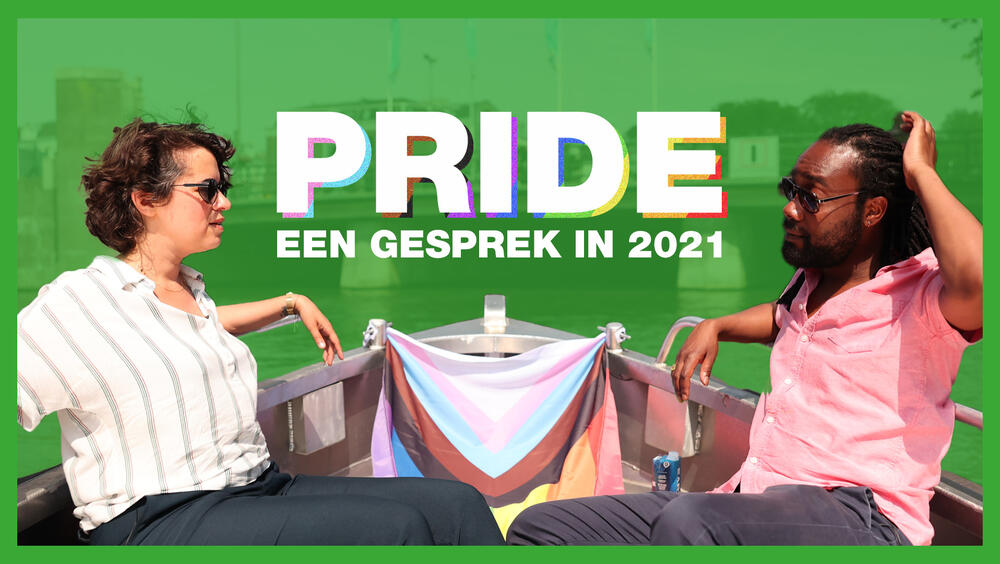 Foto van Tirza en Simion op een boot met de tekst: Pride, een gesprek in 2021