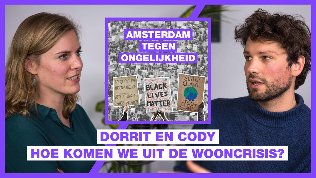 Illustratie van een foto van Dorrit en van Cody met de tekst "Dorrit en Cody: Hoe komen we uit de wooncrisis?"