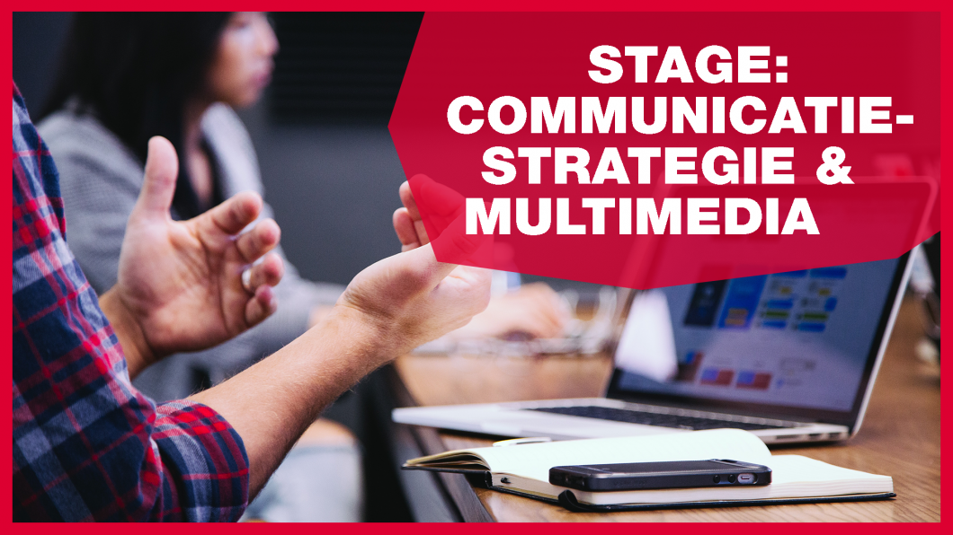 Illustratie met een overleg tussen mensen en op de voorgrond de tekst: Stage Communicatiestrategie en Multimedia