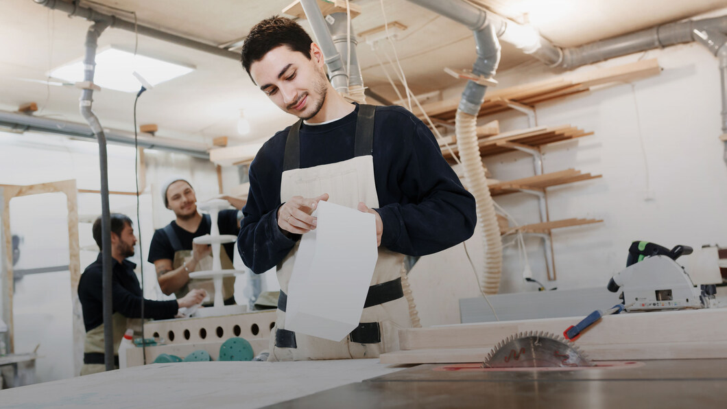 Foto van jonge man die achter een werkbank een houten doosje aan het maken is