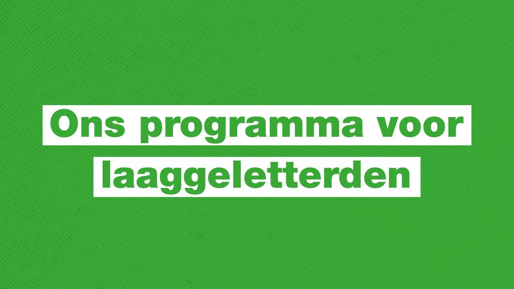 Tekst op een groene achtergrond die zegt: "Ons programma voor laaggeletterden"