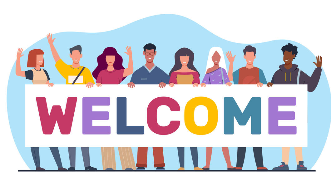 een getekende groep personen houdt een banner met Welcome omhoog