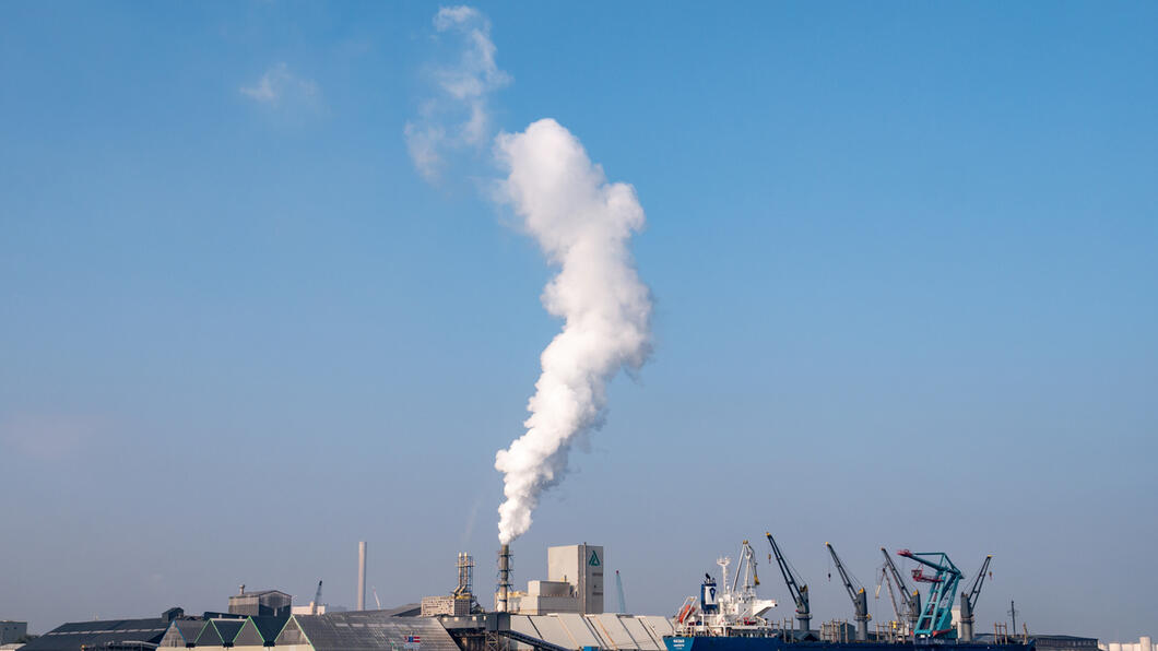 de fabriek van ICL met een rookpluim vanaf het water gezien