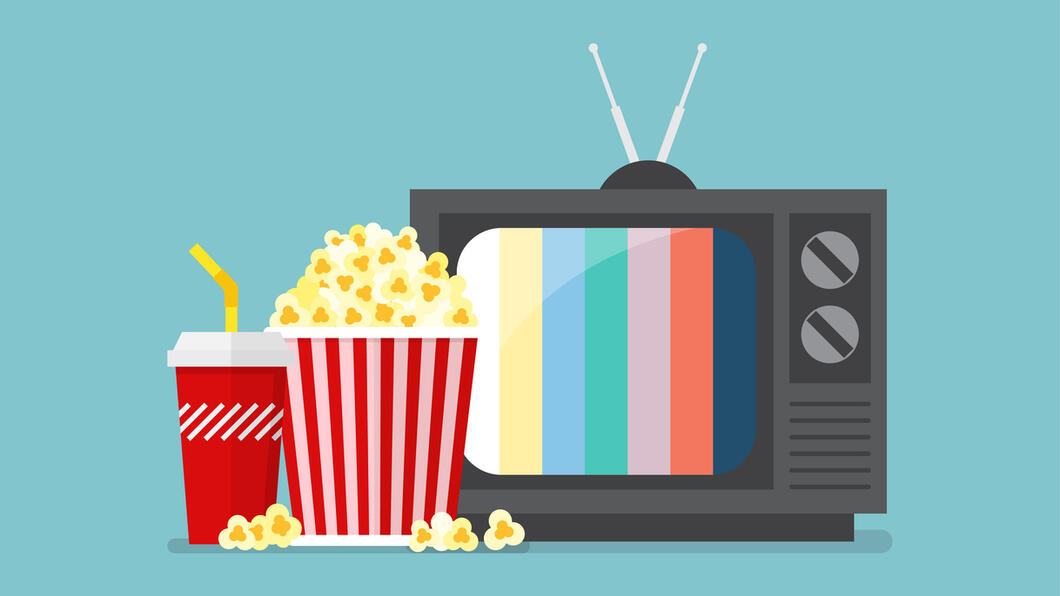 een tekening van een tv, drankje en een bak popcorn
