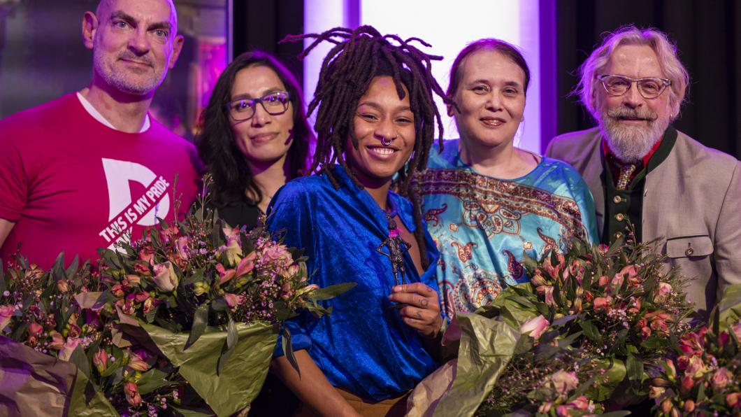 Genomineerden Roze Lieverdje (v.l.n.r.): Hans Verhoeven, Alejandra Ortiz, Naomie Pieter, Adrie van Diemen, Peter van Manen