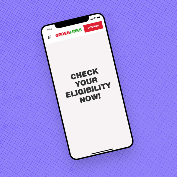Paarse achtergrond met een telefoon op de voorgrond met de tekst: Check your eligibilty