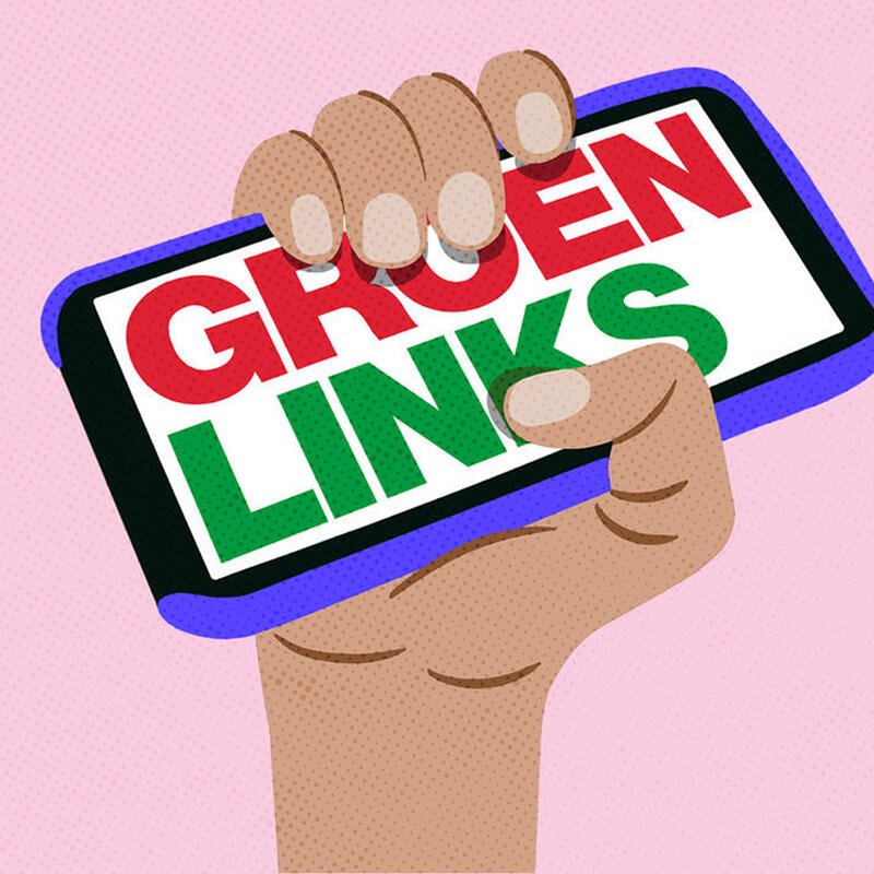 Illustratie met een roze achtergrond, met op de voorgrond een hand met een mobiel met daarop de tekst GroenLinks