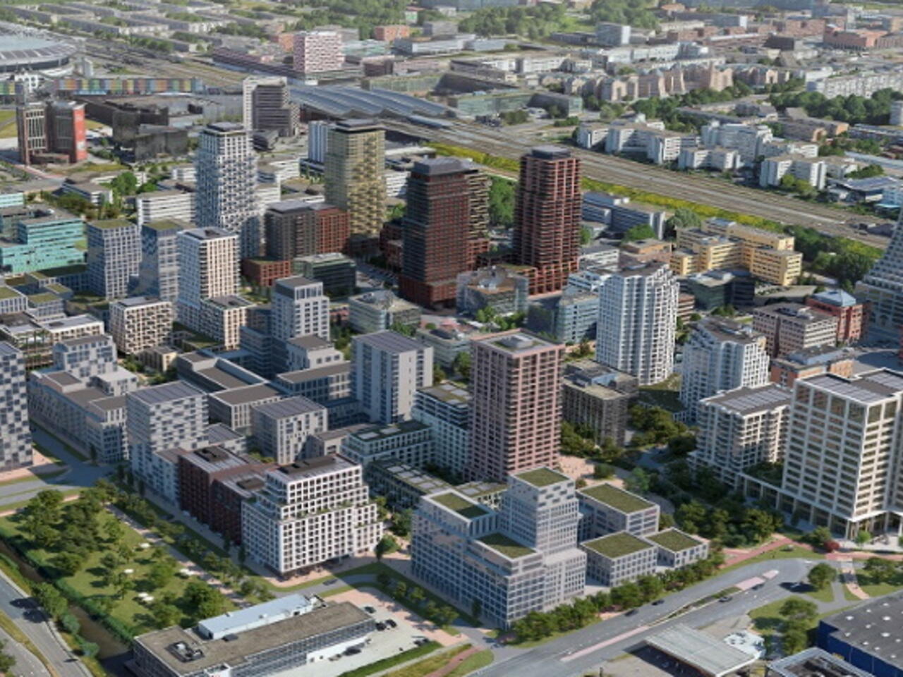 Luchtfoto van een rendering van het nieuwe Amstel III