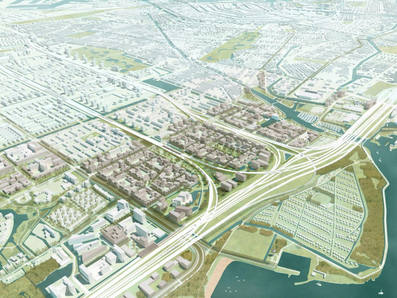 Luchtfoto van een rendering van het nieuwe Schinkelkwartier
