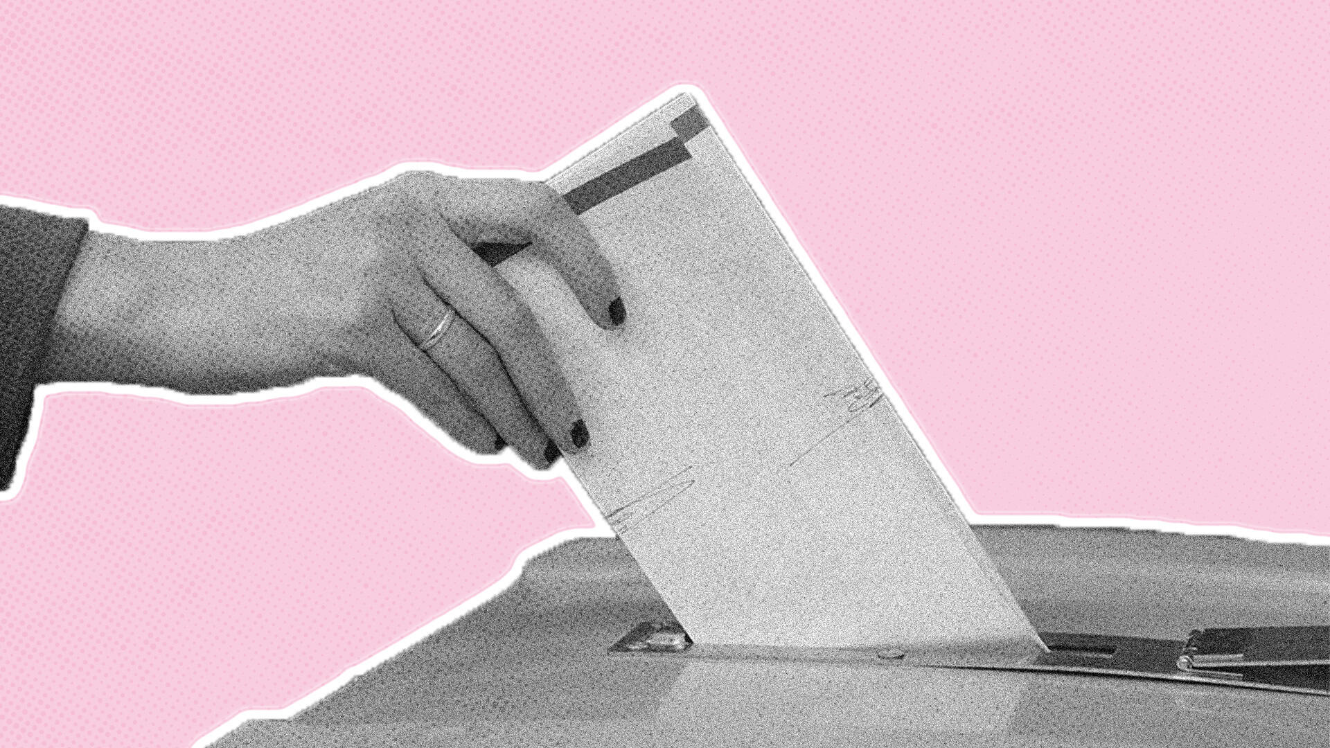 Illustratie met een roze achtergrond, met op de voorgrond een hand met een stembiljet dat in een kliko wordt geduwd