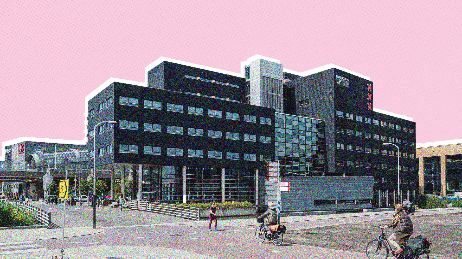 Een uitgesneden foto van stadsdeelkantoor in Noord op een roze achtergrond
