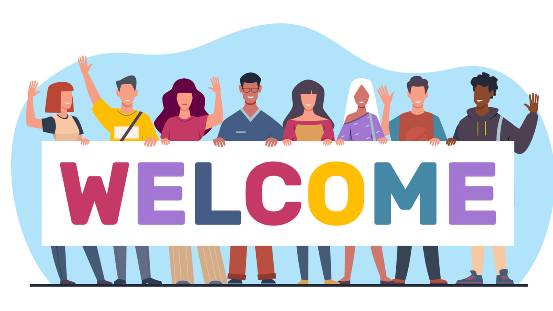 een getekende groep personen houdt een banner met Welcome omhoog