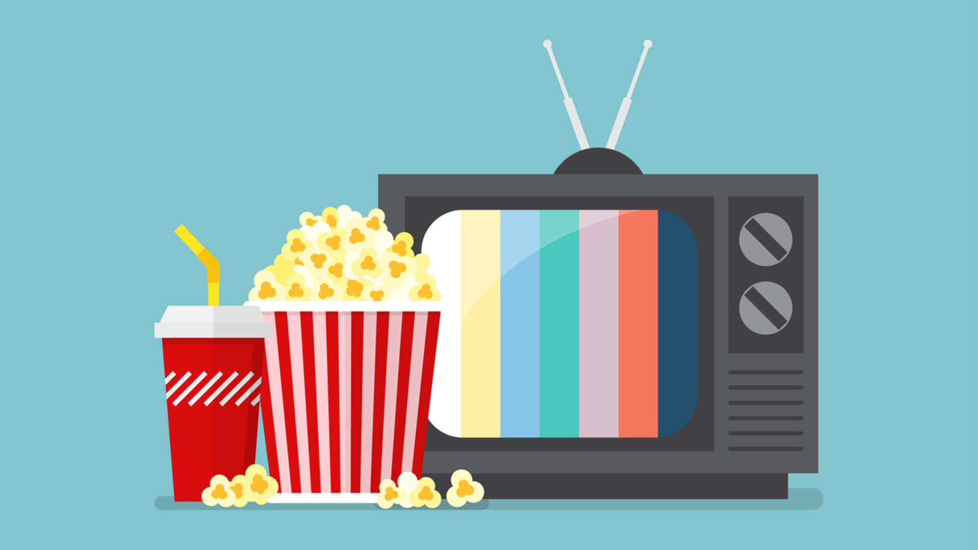 een tekening van een tv, drankje en een bak popcorn