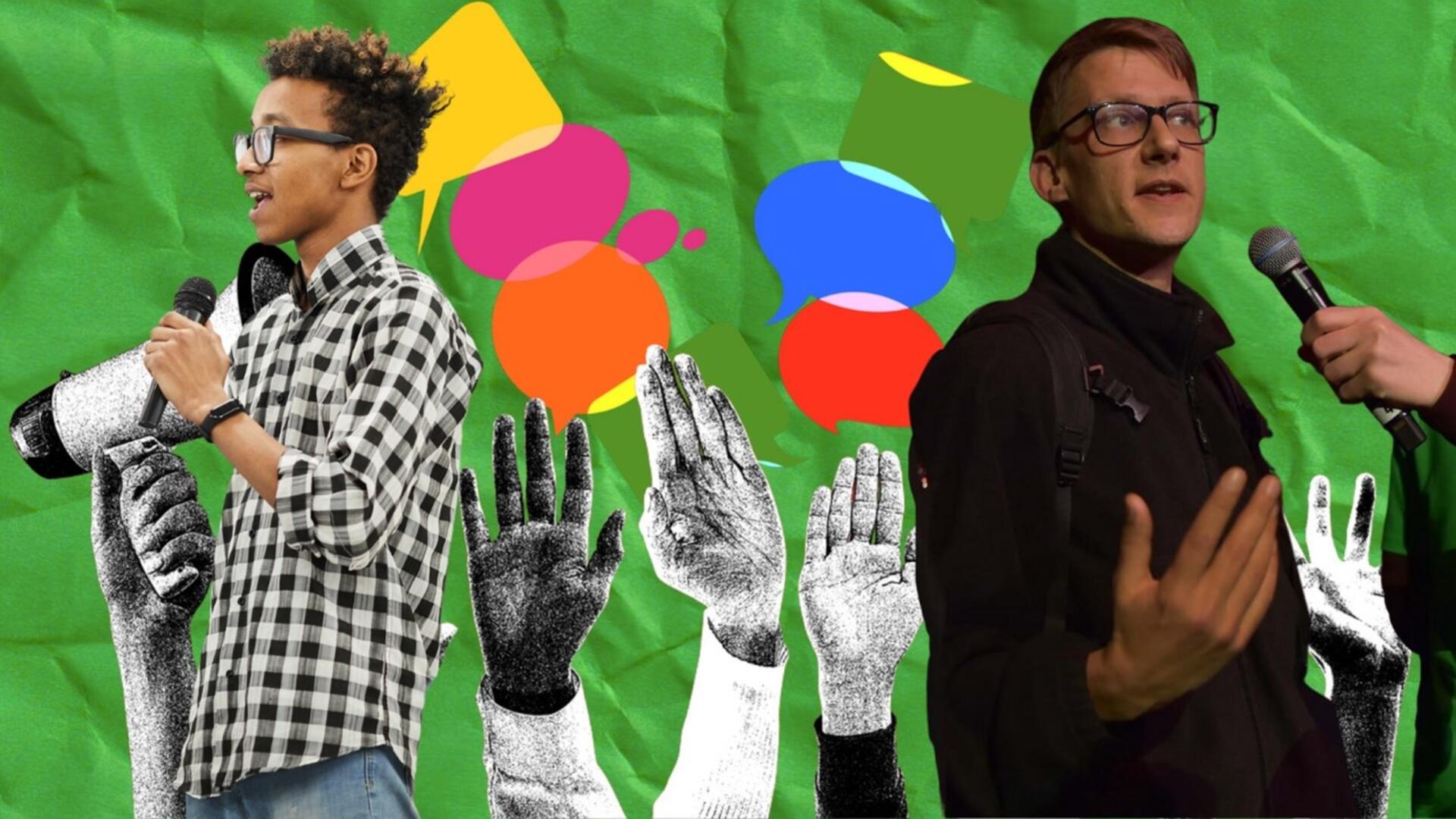 mensen in debat voor een groene achtergrond